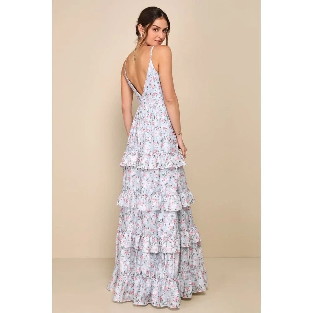 NEW Lulus Perfectly Charismatic Blue Floral Tiered‎ Ruffled Maxi Dress Lulus SM - Picture 2 of 5